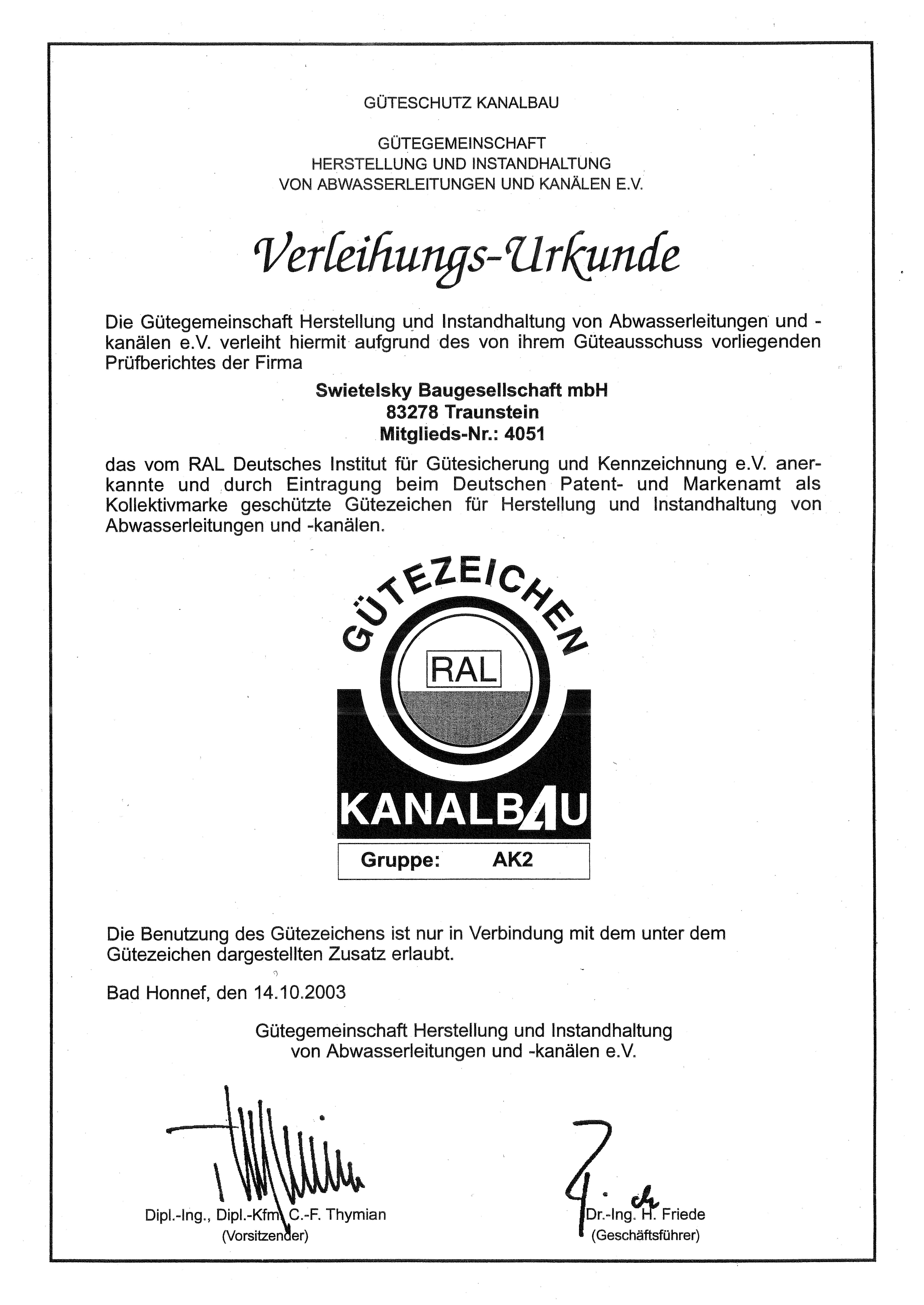 Güteschutz Kanalbau Zertifikat TS